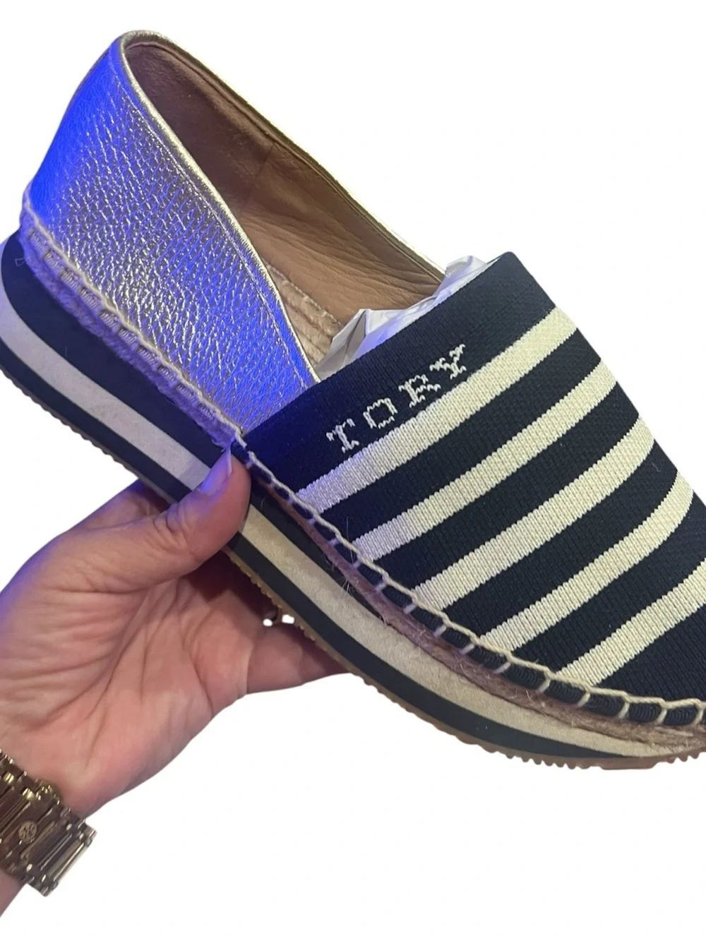 Tory Burch Daisy Slip On Trainer Midnight / Ivory Gold 8M Espadrillas wide heel